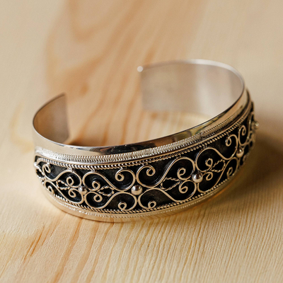 Sterling silver cuff bracelet, 'Duchess Heart' - Polished and Oxidized Heart Sterling Silver Cuff Bracelet