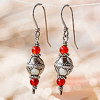 Carnelian dangle earrings, 'Fiery Tradition' - Sterling Silver and Natural Carnelian Dangle Earrings
