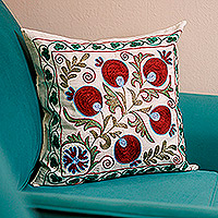 Embroidered cotton and viscose pillow sham, 'Oath of Romance' - Pomegranate Embroidered Cotton and Viscose Pillow Sham