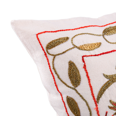 Embroidered cotton and viscose pillow sham, 'Passion Forest' - Green and Red Embroidered Cotton and Viscose Pillow Sham