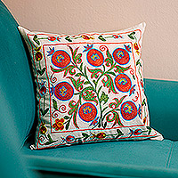 Embroidered cotton and viscose pillow sham, 'Enchanted Era' - Pomegranate Embroidered Cotton and Viscose Pillow Sham