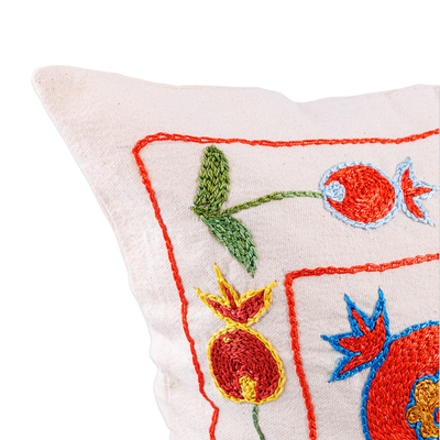 Embroidered cotton suzani pillow sham, 'Enchanted Era' - Pomegranate Embroidered Cotton and Viscose Pillow Sham