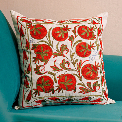 Embroidered cotton pillow sham, 'Romantic Era' - Red and Green Pomegranate Embroidered Cotton Pillow Sham