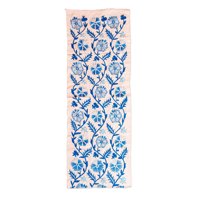 Camino de mesa bordado de algodón y viscosa - Camino de mesa de algodón y viscosa azul con bordado floral