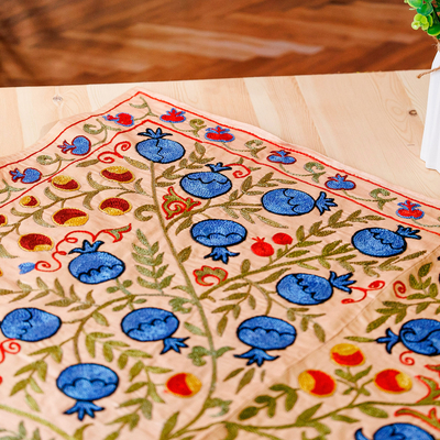 Embroidered silk and viscose tablecloth, 'Pomegranate Desire' - Pomegranate-Themed Embroidered Silk and Viscose Tablecloth