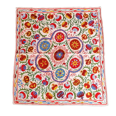Embroidered silk suzani tablecloth, 'Pomegranate Court' - Classic Pomegranate-Themed Silk and Viscose Tablecloth