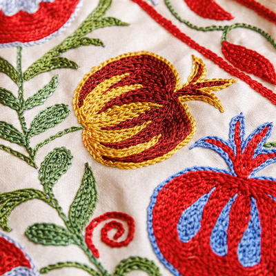 Embroidered silk suzani tablecloth, 'Pomegranate Court' - Classic Pomegranate-Themed Silk and Viscose Tablecloth