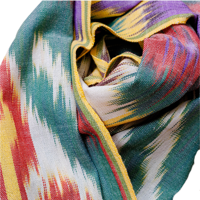 Bufanda ikat de algodón - Bufanda Ikat de algodón multicolor tejida a mano con flecos