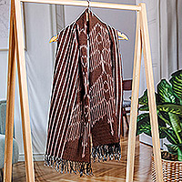 Cotton ikat scarf, 'Charming Elegance' - Hand-Woven Fringed Striped Cotton Ikat Scarf in Brown