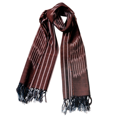 Hand-Woven Fringed Striped Cotton Ikat Scarf in Brown - Charming ...