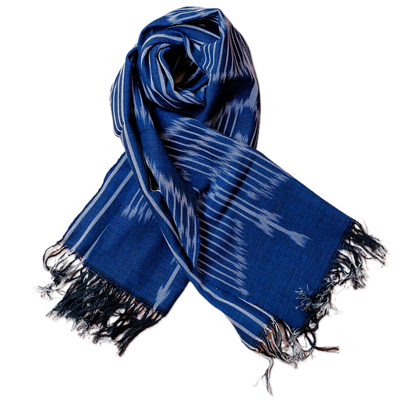 Cotton ikat scarf, 'Electric Blue' - Hand-Woven Fringed Cotton Ikat Scarf in Blue with Stripes