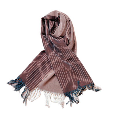 Cotton ikat scarf, 'Refined Elegance' - Brown Fringed Cotton Ikat Scarf Hand-Woven in Uzbekistan