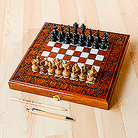 Wood chess set, 'Royal Checkmate' - Walnut Wood Chess Set Hand Carved in Uzbekistan