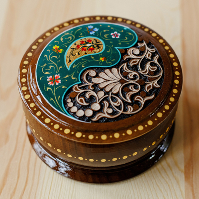 Wood jewelry box, 'Teal Paisley Glory' - Round Walnut Wood Jewelry Box with Paisley and Floral Motifs