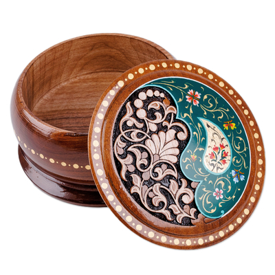 Wood jewelry box, 'Teal Paisley Glory' - Round Walnut Wood Jewelry Box with Paisley and Floral Motifs