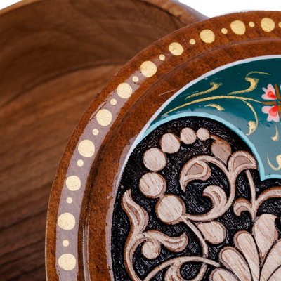 Joyero de madera - Joyero redondo de madera de nogal con motivos florales y paisley
