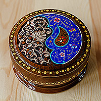 Wood jewellery box, 'Azure Paisley Glory' - Brown and Blue Wood jewellery Box with Paisley & Floral Motifs