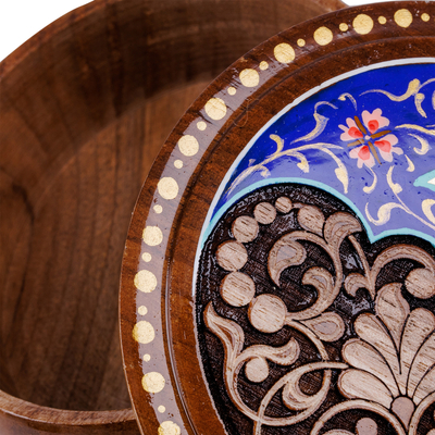 Joyero de madera - Joyero de madera marrón y azul con motivos florales y paisley