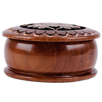 Wood mini jewellery box, 'Majestic Flower' - Round Wood Mini jewellery Box with Hand-Carved Floral Motif