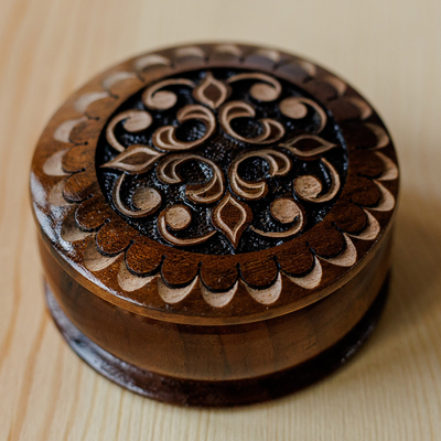 Wood mini jewellery box, 'Majestic Cross' - Round Wood Mini jewellery Box with Hand-Carved Cross Motif
