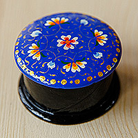 Caja de anillos de papel maché, 'Arcadia in Blue' - Caja de anillos de papel maché azul redonda floral pintada a mano