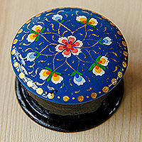 Papier mache ring box, 'Arcadia in Fantasy' - Hand-Painted Floral Round Vibrant Blue Papier Mache Ring Box