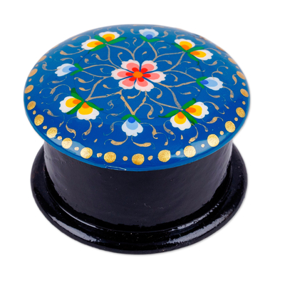 Papier mache ring box, 'Arcadia in Fantasy' - Hand-Painted Floral Round Vibrant Blue Papier Mache Ring Box