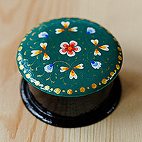 Papier mache ring box, 'Arcadia in Harmony' - Hand-Painted Floral Round Teal Papier Mache Ring Box