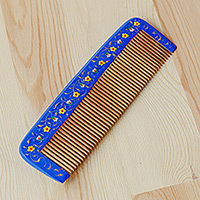 Wood comb, 'Muscari Lady' - Hand-Painted Floral Blue Elm Tree Wood Comb from Uzbekistan