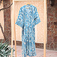 Ikat cotton robe, 'Samarkand Days' - Handwoven Ikat Cotton Robe in Blue White and Grey Hues