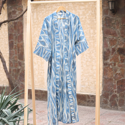 Ikat cotton robe, 'Samarkand Days' - Handwoven Ikat Cotton Robe in Blue White and Grey Hues