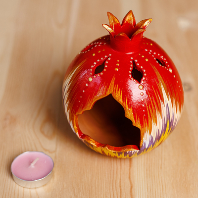 Porcelain tealight candleholder, 'Light of Passion' - Painted Pomegranate-Shaped Porcelain Tealight Candleholder