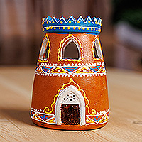 Porcelain tealight candleholder, 'A Light in the Minaret' - Hand-Painted Minaret-Shaped Porcelain Tealight Candleholder