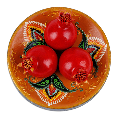 Porcelain home accent, 'Passion Dinner' - Painted Faience Pomegranate and Plate Porcelain Home Accent