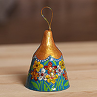 Campana decorativa de porcelana, 'Eden Melody' - Campana decorativa de porcelana pintada floral dorada y verde azulada