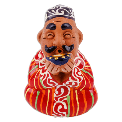 Porcelain figurine, 'Red Tea Time Afandi' - Hand-Painted Faience Red Porcelain Figurine from Uzbekistan
