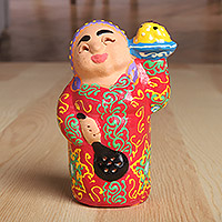 Figura de porcelana, 'Hogar uzbeko' - Mujer de rojo con pan Figura de porcelana uzbeka hecha a mano