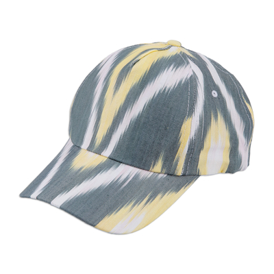 Gorra de béisbol de algodón - Gorra de béisbol de algodón gris y amarillo con estampado Ikat hecha a mano