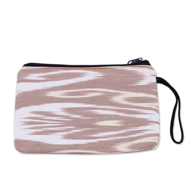 Cotton cosmetic bag, 'Ikat Tenderness' - Beige and White Ikat Patterned Cotton Zippered Cosmetic Bag