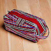 Ikat cosmetic bag, 'Stripes of Joy' - Striped Ikat Cosmetic Bag with Handle and Brass Zipper