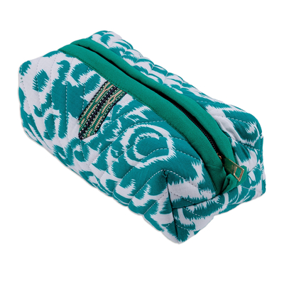 Ikat cotton cosmetic bag, 'Gorgeous Green' - Handmade Green & White Ikat Cotton Cosmetic Bag with Handle