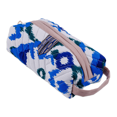 Ikat cotton cosmetic bag, 'Beautiful Blue' - Handmade Blue & White Ikat Cotton Cosmetic Bag with Handle