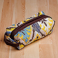 Bolsa cosmética de algodón Ikat, 'Colorful Vibes' - Bolsa cosmética de algodón Ikat colorida hecha a mano con asa