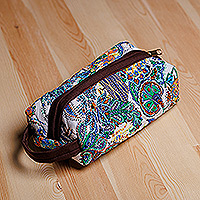 Bolsa cosmética de algodón Ikat, 'Gorgeous Garden' - Bolsa cosmética de algodón Ikat floral hecha a mano con asa