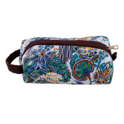 Ikat cotton cosmetic bag, 'Gorgeous Garden' - Handcrafted Floral Ikat Cotton Cosmetic Bag with Handle