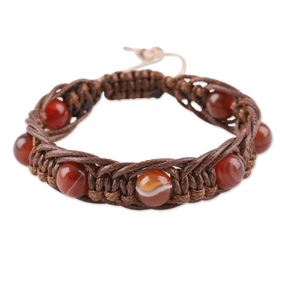 Agate beaded macrame bracelet, 'Shamballa Resilience' - Adjustable Brown and Orange Agate Beaded Macrame Bracelet