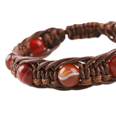 Agate beaded macrame bracelet, 'Shamballa Resilience' - Adjustable Brown and Orange Agate Beaded Macrame Bracelet