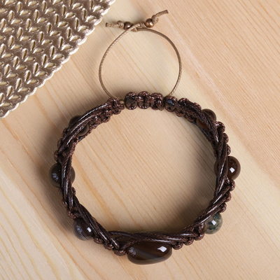 Agate beaded macrame bracelet, 'Shamballa Balance' - Adjustable Dark Brown Agate Beaded Macrame Bracelet