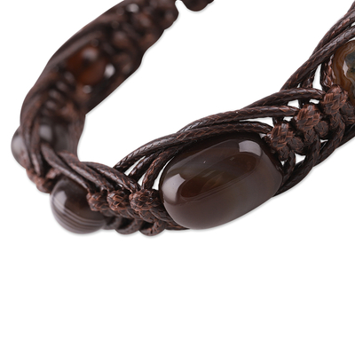 Agate beaded macrame bracelet, 'Shamballa Balance' - Adjustable Dark Brown Agate Beaded Macrame Bracelet