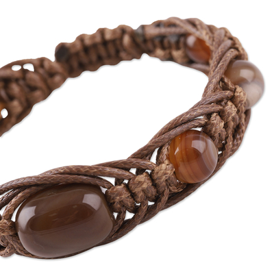 Agate beaded macrame bracelet, 'Shamballa Earth' - Adjustable Light Brown Agate Beaded Macrame Bracelet